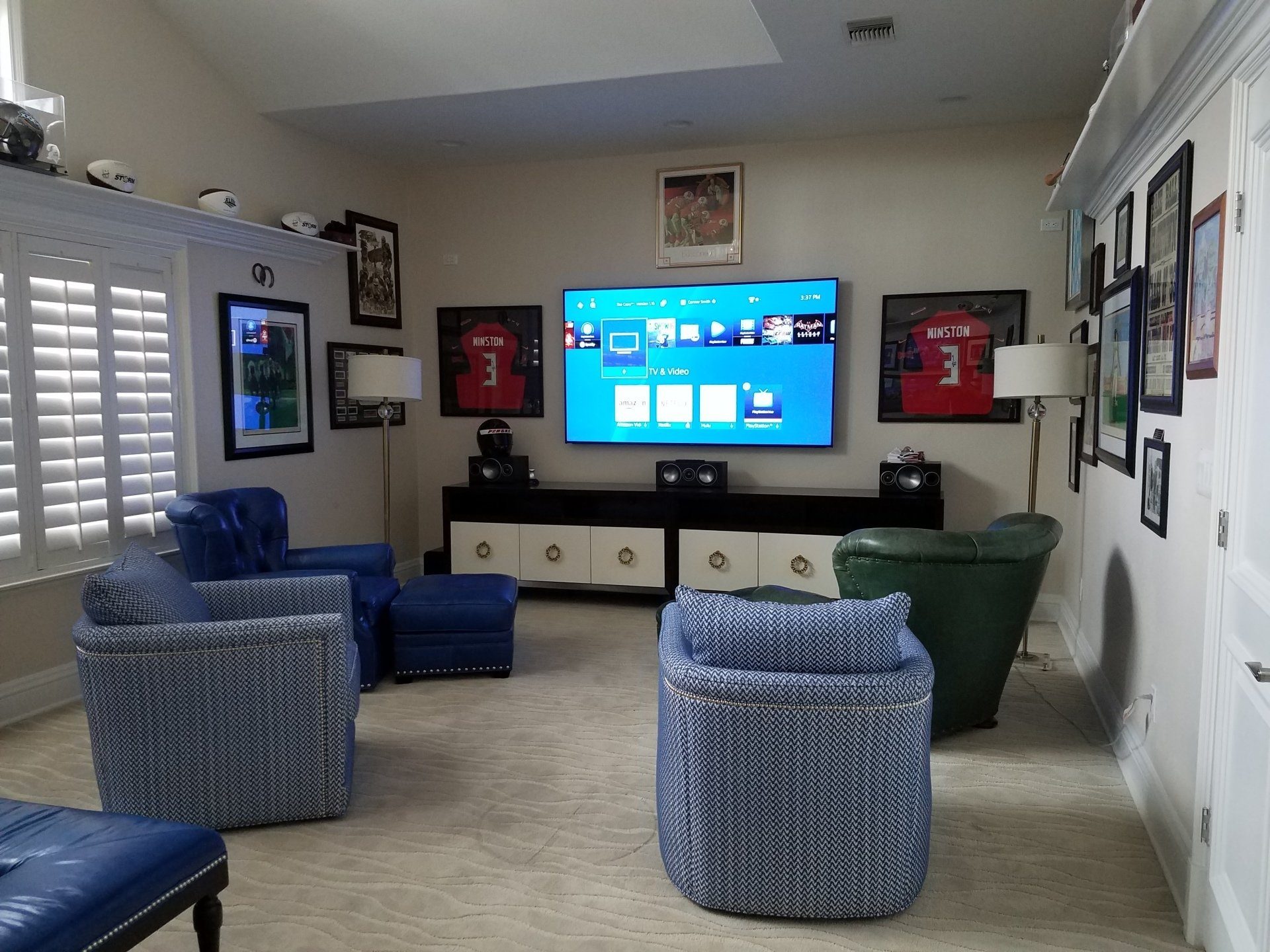Complete living room surround sound setup with receiver and speakers